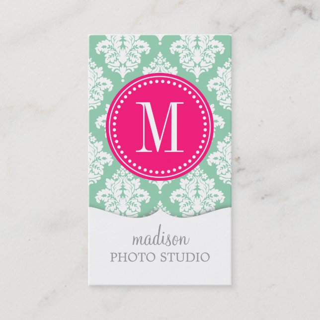 Elegant Dark Mint Damask Personalised Business Card (Front)