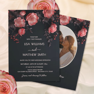 Elegant Dark Moody 3D Roses | Photo Wedding Invitation