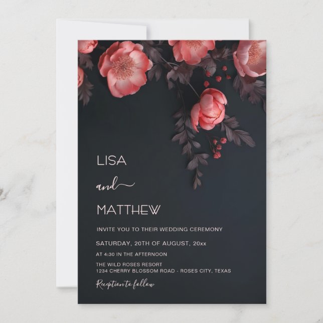 Elegant Dark Moody 3D Roses Wedding Invitation (Front)