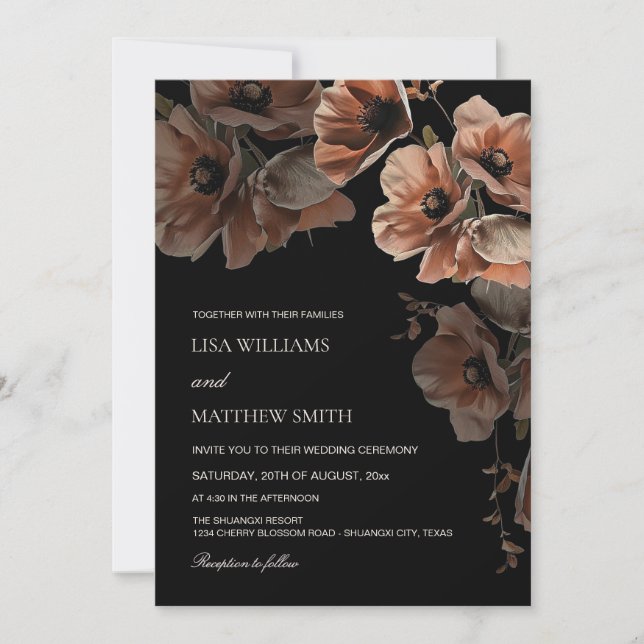 Elegant Dark Moody Blush Flowers  Wedding Invitation (Front)