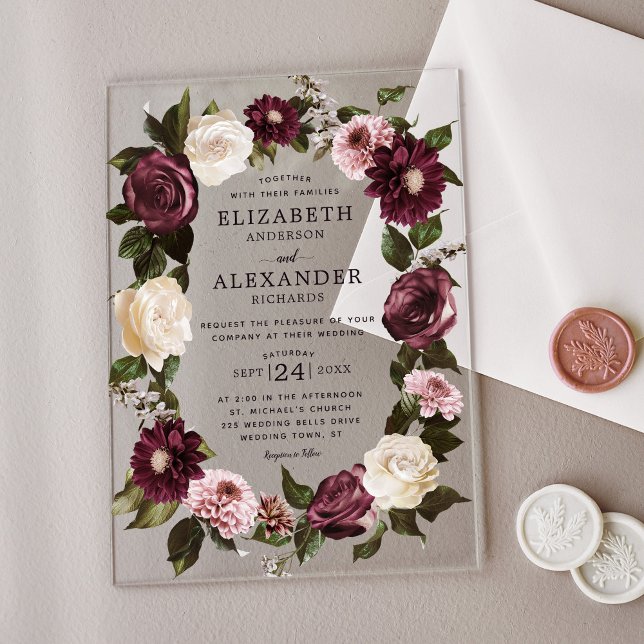 Elegant Dark Moody Floral Burgundy Wedding  Acrylic Invitations (Creator Uploaded)