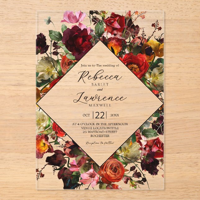 Elegant dark moody flowers wedding acrylic invitations (Front)