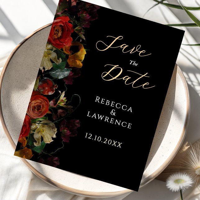 Elegant dark moody flowers wedding save the date (Creator Uploaded)