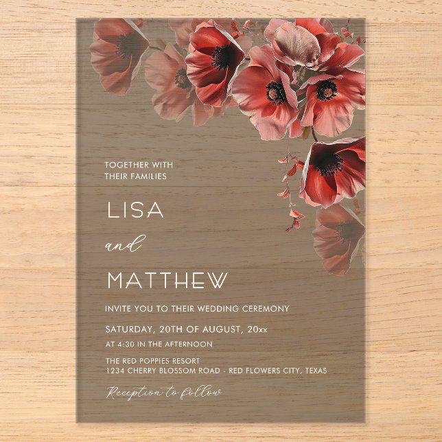 Elegant Dark Moody Red Flowers  Acrylic Invitations (Front)