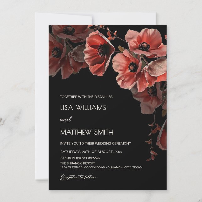 Elegant Dark Moody Red Flowers | Photo Wedding Invitation (Front)