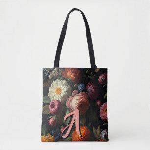 Elegant dark moody vintage florals tote bag