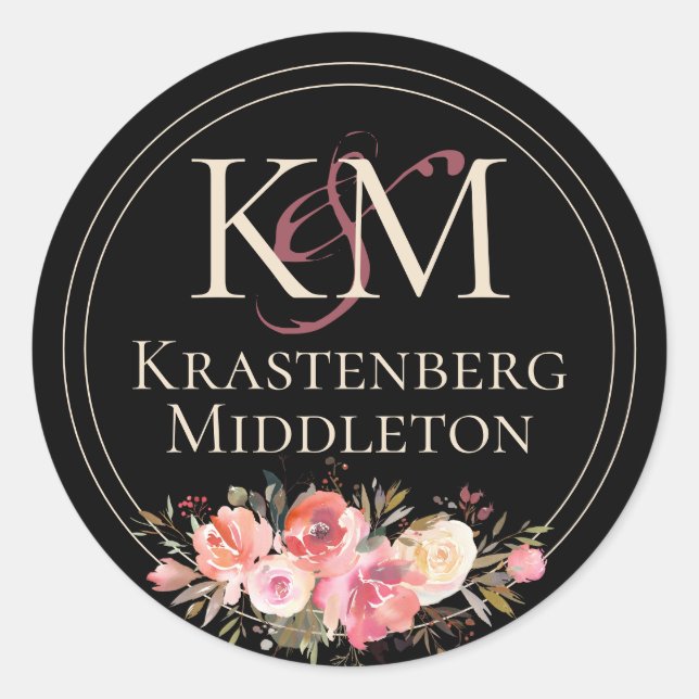Elegant Dark Moody Wedding Monogram Winter Rose Classic Round Sticker (Front)