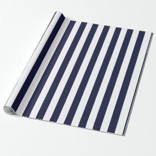 Elegant Dark Navy Blue and White Striped Pattern Wrapping Paper