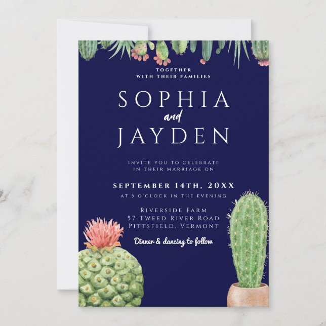 Elegant Dark Navy Blue Cactus Watercolor Wedding Invitation (Front)