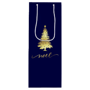 Elegant Dark Navy Blue & Gold Christmas Tree Noel Wine Gift Bag