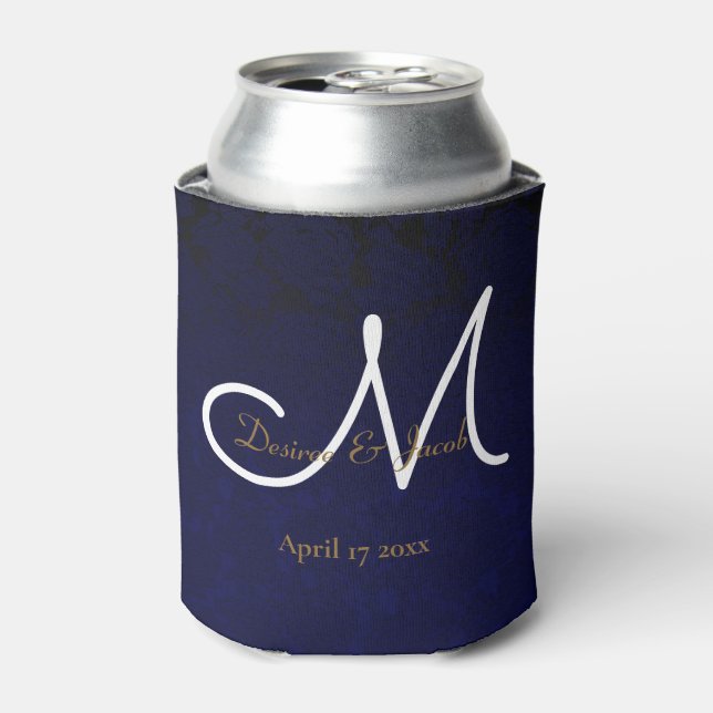 Elegant Dark Navy Blue Gold White Monogram Floral Can Cooler (Can Front)