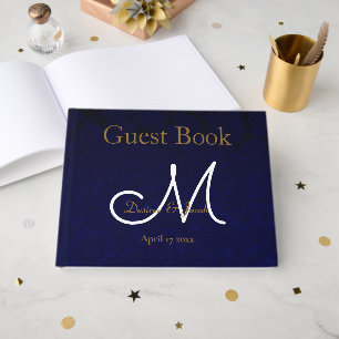 Elegant Dark Navy Blue Gold White Monogram Floral Guest Book