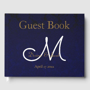 Elegant Dark Navy Blue Gold White Monogram Floral Guest Book