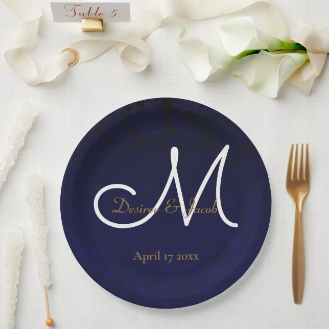 Elegant Dark Navy Blue Gold White Monogram Floral Paper Plate (Wedding)