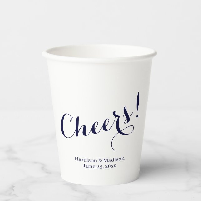 Elegant dark navy Cheers custom script Wedding Paper Cups (Front)