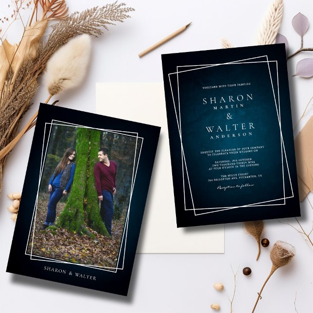 Elegant Dark Navy Chic White Framed Rustic Wedding Invitation (Creator Uploaded)