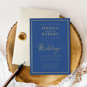 Elegant Dark Navy Faux Gold Border Wedding Invitation