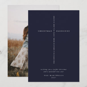 Elegant Dark Navy Scripture Cross Photo Holiday Card