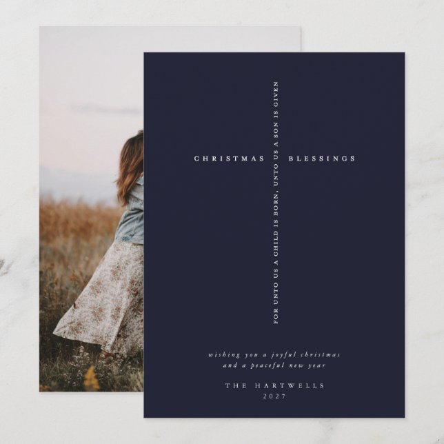 Elegant Dark Navy Scripture Cross Photo Holiday Card (Front/Back)