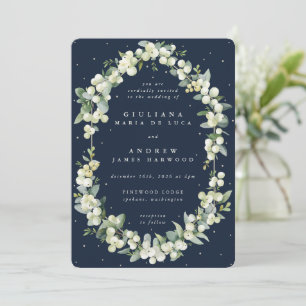 Elegant Dark Navy Snowberry+Eucalyptus Wedding Invitation