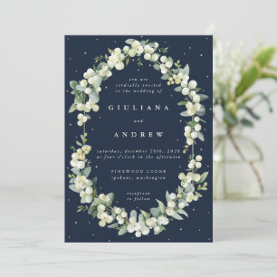 Elegant Dark Navy Snowberry+Eucalyptus Wedding Invitation