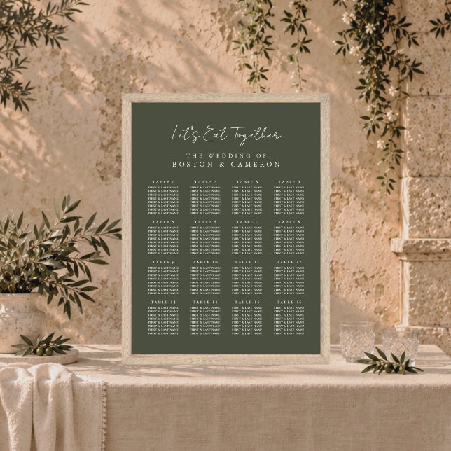 Elegant Dark Olive Green Wedding Seating Chart (Elegant Dark Olive Green Wedding Seating Chart poster sign in rustic wood frame on table script )