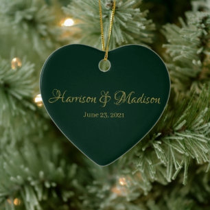 Elegant dark pine green custom couple name date ceramic tree decoration