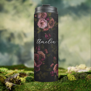 Elegant Dark Pink Burgundy Botanical Art Thermal Tumbler