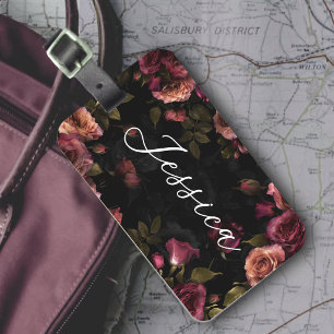 Elegant Dark Pink Burgundy Botanical Floral Luggage Tag