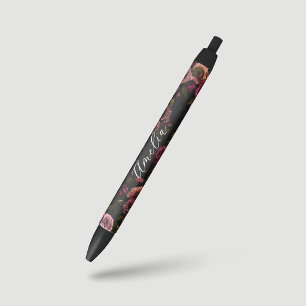 Elegant Dark Pink Burgundy Floral Botanical Black Ink Pen
