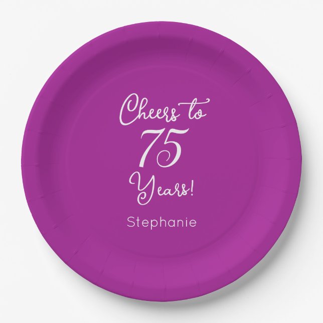 Elegant Dark Pink Cheers to 75 Years 75th Birthday Paper Plate (Front)