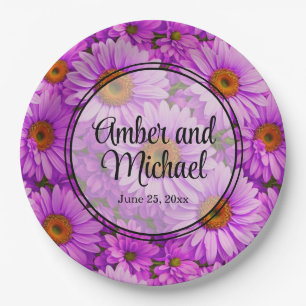 Elegant dark pink magenta floral daisies paper plate