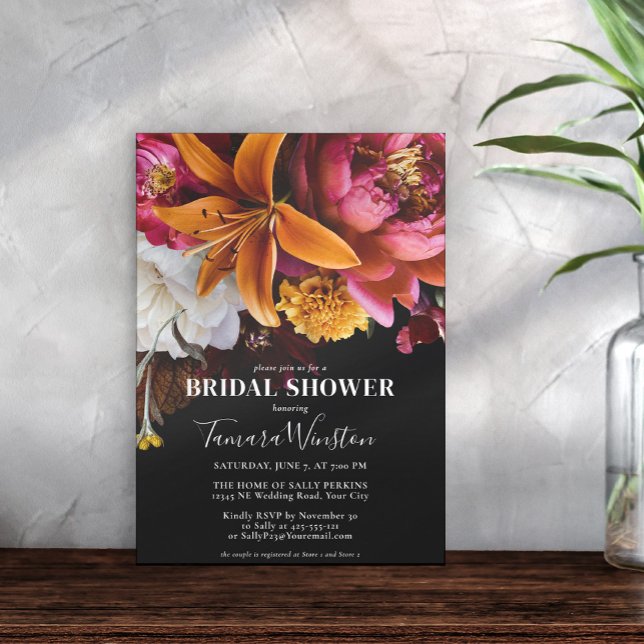 Elegant Dark Pink Orange Yellow Floral Bridal Invitation (Creator Uploaded)