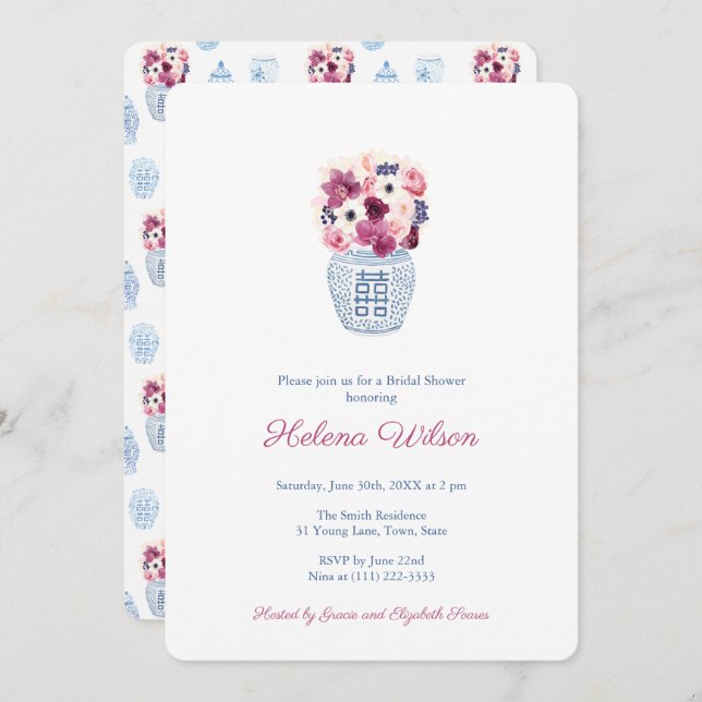 Elegant Dark Pink Roses and Orchids Bridal Shower Invitation (Front/Back)