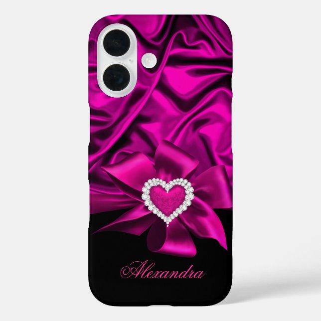 Elegant Dark Pink Silk Look Black Heart Jewel Case-Mate iPhone Case (Back)