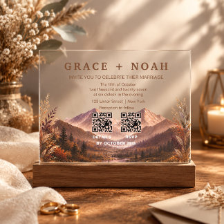 Elegant Dark Plum Mountain Gold Botanical RSVP Acrylic Invitations