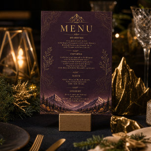 Elegant Dark Plum Mountain Gold Wedding Menu Invitation