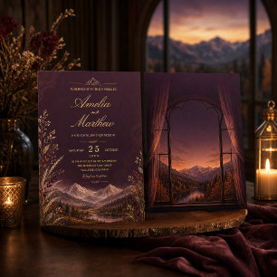 Elegant Dark Plum Mountain Wedding Gold Botanical Invitation
