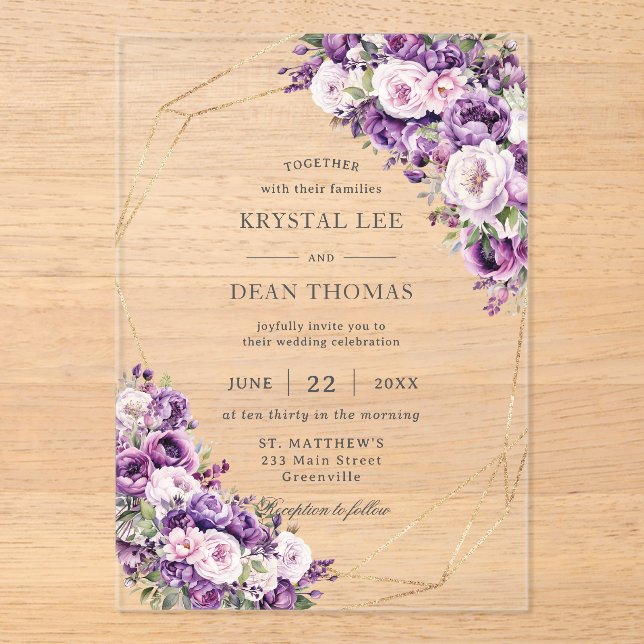 Elegant Dark Purple and Blush Pink Floral Wedding Acrylic Invitations (Front)