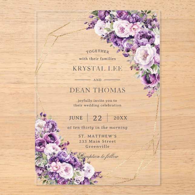 Elegant Dark Purple and Blush Pink Floral Wedding Acrylic Invitations (Front)