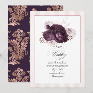 Elegant Dark Purple and Rose Gold Floral Wedding Invitation