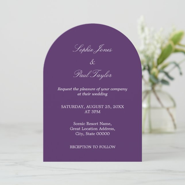 Elegant Dark Purple Arch Wedding Invitation (Standing Front)