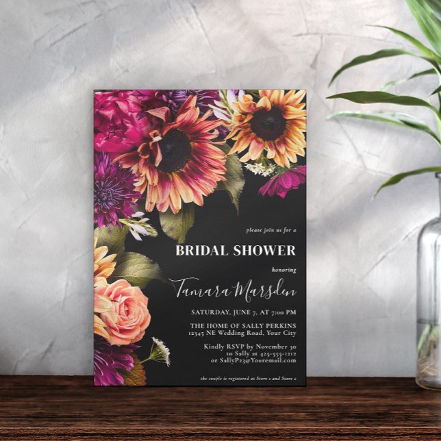 Elegant Dark Purple Burgundy Yellow Floral Black Invitation (Creator Uploaded)
