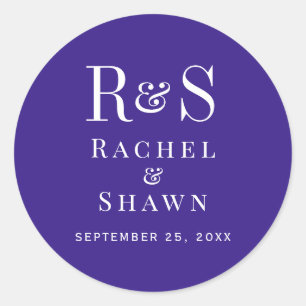 Elegant Dark Purple Chic Modern Monogram Wedding Classic Round Sticker