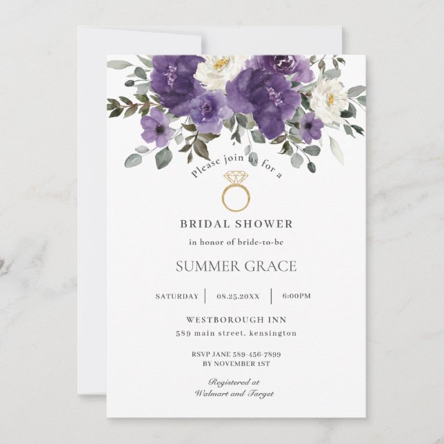 Elegant Dark Purple Floral Ring Bridal Shower Invitation (Front)