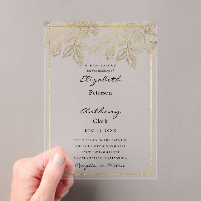 Elegant dark purple gold luxury floral Wedding Acrylic Invitations (Insitu (Handheld))