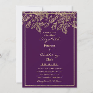 Elegant dark purple gold luxury floral Wedding Invitation