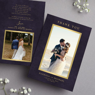 Elegant dark purple gold photo wedding  thank you card