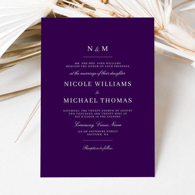 Elegant Dark Purple Monogram Classic Wedding Invitation (Creator Uploaded)
