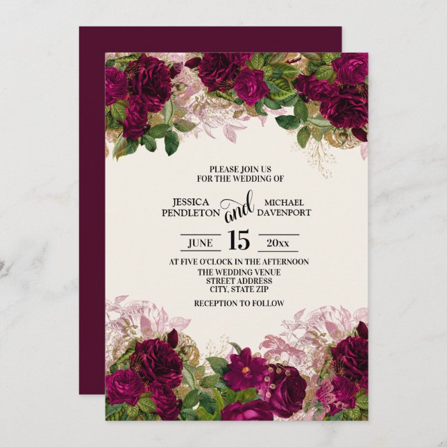 Elegant Dark Purple Plum Floral Wedding Invitation (Front/Back)